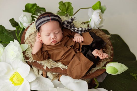 Adorable newborn baby sleeping peacefully surrounded by white lotus flowers.