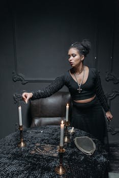 A woman engages in a mystical ritual with candles and ouija board in a dark room.